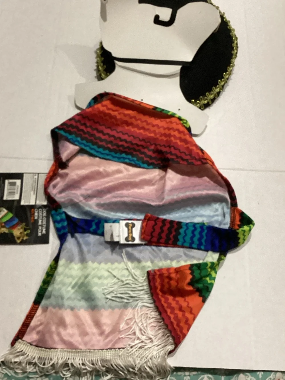 Colorful Rainbow Stripe Dog Poncho with Black Decorative Hat costume